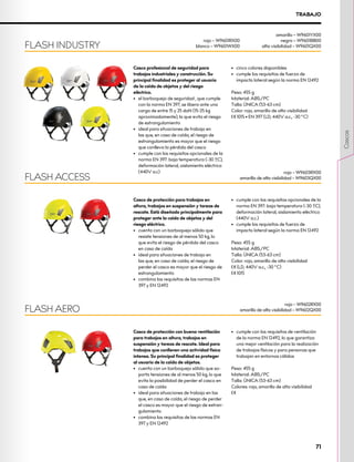 Casco profesional de seguridad para
trabajos industriales y construcción. Su
principal finalidad es proteger al usuario
de la caída de objetos y del riesgo
eléctrico.
•	 el barboquejo de seguridad , que cumple
con la norma EN 397, se libera ante una
carga de entre 15 y 25 daN (15-25 kg
aproximadamente), lo que evita el riesgo
de estrangulamiento
•	 ideal para situaciones de trabajo en
las que, en caso de caída, el riesgo de
estrangulamiento es mayor que el riesgo
que conlleva la pérdida del casco
•	 cumple con los requisitos opcionales de la
norma EN 397: baja temperatura (-30 ºC),
deformación lateral, aislamiento eléctrico
(440V a.c)
•	 cinco colores disponibles
•	 cumple los requisitos de fuerza de
impacto lateral según la norma EN 12492
Peso: 455 g
Material: ABS/PC
Talla: ÚNICA (53-63 cm)
Color: rojo, amarillo de alta visibilidad
XCE 1015 • EN 397 (LD, 440V a.c., -30 °C)
Casco de protección para trabajos en
altura, trabajos en suspensión y tareas de
rescate. Está diseñado principalmente para
proteger ante la caída de objetos y del
riesgo eléctrico.
•	 cuenta con un barboquejo sólido que
resiste tensiones de al menos 50 kg, lo
que evita el riesgo de pérdida del casco
en caso de caída
•	 ideal para situaciones de trabajo en
las que, en caso de caída, el riesgo de
perder el casco es mayor que el riesgo de
estrangulamiento
•	 combina los requisitos de las normas EN
397 y EN 12492
•	 cumple con los requisitos opcionales de la
norma EN 397: baja temperatura (-30 ºC),
deformación lateral, aislamiento eléctrico
(440V a.c.)
•	 cumple los requisitos de fuerza de
impacto lateral según la norma EN 12492
Peso: 455 g
Material: ABS/PC
Talla: ÚNICA (53-63 cm)
Color: rojo, amarillo de alta visibilidad
XCE (LD, 440V a.c., -30 °C)
XCE 1015
Casco de protección con buena ventilación
para trabajos en altura, trabajos en
suspensión y tareas de rescate. Ideal para
trabajos que conlleven una actividad física
intensa. Su principal finalidad es proteger
al usuario de la caída de objetos.
•	 	
cuenta con un barboquejo sólido que so-
porta tensiones de al menos 50 kg, lo que
evita la posibilidad de perder el casco en
caso de caída
•	 ideal para situaciones de trabajo en las
que, en caso de caída, el riesgo de perder
el casco es mayor que el riesgo de estran-
gulamiento
•	 combina los requisitos de las normas EN
397 y EN 12492
•	 cumple con los requisitos de ventilación
de la norma EN 12492, lo que garantiza
una mejor ventilación para la realización
de trabajos físicos y para personas que
trabajan en entornos cálidos
Peso: 455 g
Material: ABS/PC
Talla: ÚNICA (53-63 cm)
Colores: rojo, amarillo de alta visibilidad
XCE
FLASH ACCESS
FLASH AERO
FLASH INDUSTRY
rojo – W9601RX00
blanco – W9601WX00
amarillo – W9601YX00
negro – W9601BB00
alta visibilidad – W9601QX00
rojo – W9603RX00
amarillo de alta visibilidad – W9603QX00
rojo – W9602RX00
amarillo de alta visibilidad – W9602QX00
TRABAJO
71
Cascos
 