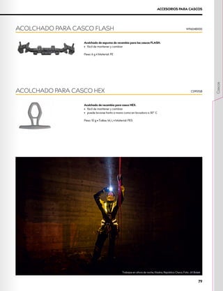 ACCESORIOS PARA CASCOS
Acolchado de recambio para casco HEX.
•	 fácil de mantener y cambiar
•	 puede lavarse tanto a mano como en lavadora a 30° C
Peso: 10 g • Tallas: M, L • Material: PES
ACOLCHADO PARA CASCO HEX C0901SB
Acolchado de espuma de recambio para los cascos FLASH.
•	 fácil de mantener y cambiar
Peso: 6 g • Material: PE
ACOLCHADO PARA CASCO FLASH W9604BX00
Trabajos en altura de noche, Kladno, República Checa. Foto: Jiři Bošek
79
Cascos
 