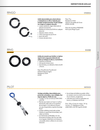 DISPOSITIVOS DE ANCLAJE
Anillo desmontable para arboricultores
y trabajadores en altura. Indicado para
anclajes semipermanentes. Puede trabajar
con cargas en cualquier dirección.
•	 	
cuerpo resistente y ligero fabricado en
aleación de aluminio
•	 Resistencia mínima de 20 kN en cualquier
dirección
•	 diámetro interior: 46 mm
•	 orificio de enganche de 10 mm
•	 perno de acero
•	 número de serie único
Peso: 75 g
Resistencia: 20 kN
Apertura de gatillo (d): 10 mm
XCE 1019 • EN 362
Pieza de recambio: K7003XX00
Perno para Ringo (2 pzs)
Anillos de conexión que facilitan un óptimo
reparto de la carga para detención de
caídas en trabajos en altura o montañismo.
•	 superficie anodizada
•	 marcaje de número único
•	 dos tamaños, con diámetro interior de 28
o 46 mm
Peso: 39 g (28 mm), 57 g (46 mm)
Material: aleación ligera
Resistencia: 25 kN
XCE 1019
RINGO
RING
K7002BX46
RK400BB
Anclajes extraibles, desarrollados para
protección anticaídas y usos múltiples. Son
seguros, ligeros y fáciles de usar.
•	 cumplen con las normativas ANSI Z359,1
y EN 795
•	 fácil de usar; basta con hacer un orificio
del tamaño adecuado en la superficie
de hormigón o roca, eliminar el polvo
con aire comprimido e insertar el anclaje
PILOT
•	 anclaje multidireccional, este anclaje
trabaja en superficies horizontales, verti-
cales o en techos
•	 son fácilmente reutilizables; una vez
terminado el trabajo, solo hay que relle-
nar el agujero taladrado si es necesario
y se puede volver a utilizar en una nueva
ubicación
•	 los anclajes extraíbles se pueden utiliza
en campos como la construcción, la indus-
tria, la minería y el alpinismo
•	 indicados para orificios realizados con
broca y un diámetro de 20 mm
Peso: 200 g • Carga de trabajo: 181 kg
Tamaño: ¾“ • Resistencia: 22 kN
ANSI Z359.1 • EN 795 Type B • XCE 0321
PILOT X0070XX34
91
Dispositivos
 