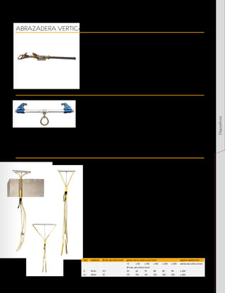 Diseñado para protección anticaídas,
acceso por cuerda y posicionamiento en el
lugar de trabajo.
•	 más ligero y fácil de usar
•	 construido con barras de aluminio ligero
de calidad aeronáutica y conexiones de
anillos en D rotatorios de 360º
•	 las abrazaderas se sujetan sin necesidad
de herramientas a vigas de construcción
tanto elevadas como por debajo del
suelo
Peso: 1.500 g
Separación: 89 - 355 mm
Carga de trabajo: 140 kg
Resistencia: 22 kN
ANSI Z359.1 • EN 795 • XCE
X0075XX14
DISPOSITIVOS DE ANCLAJE
Anclaje fijo de viga el diseñado para
sujetarlo a una viga vertical u horizontal
creando un punto de anclaje fijo.
•	 	componentes galvanizados
•	 Anillo D de acero inoxidable
•	 resistencia a la tensión estática: 22kN
•	 capacidad máxima de 140 kg cuando se
usa como anclaje de un solo punto
Extensión: 100–350 mm
Carga máxima: 140 kg
Peso: 3.105 g
Resistencia: 22 kN
XCE 0321 • EN 795:2012 • ANSI Z359.18
• ANSI Z359.7 • OSHA 1910.66/
• OSHA 1926.503
Punto de anclaje para orificios pasantes,
diseñado para funcionar como enlace entre
la estructura y los sistemas anticaídas y de
sujeción en el lugar de trabajo, acceso por
cuerda o rescate.
•	 diseñado para orificios pasantes cuyo
diámetro mínimo y máximo corresponda
al tipo de Snake Brace en relación con el
	 grosor real de la estructura en cuestión
•	 la apertura no tiene que ser totalmente
regular, pero el diámetro mínimo debe
respetarse ser plano y tiene que haber
	 un espacio mínimo para el despliegue del
anclaje al otro extremo del orificio
•	 diseñado para uso individual
•	 sólo se puede utilizar la resistencia máxi-
ma si la estructura en la que se encuentra
el orificio de anclaje puede soportar la
carga en todas las direcciones
•	 la resistencia mínima de la construcción
debe diseñarse según EN 795 (si no se
cumple la norma EN 795, la capacidad de
carga puede reducirse)
•	 Snake Brace puede cargarse en cualquier
dirección sólo si la construcción en la que
está anclado también lo permite
•	 sólo puede utilizarse con conectores
compatibles con dispositivos de bloqueo
según EN 362
Resistencia: 18 kN
Longitud: 30, 60, 90, 120 cm
Peso: (S300) 162 g • (M300) 395 g
Material: S - dyneema, aleación, acero / M
- PAD, aleación, acero
XCE 1019 • EN 795 Type B
ABRAZADERA VERTICAL FIJA PARA VIGA
BANTAM BEAMER
SNAKE BRACE
X0077XX00
tipo resistencia Ø mín. del orificio (mm) grosor de la construcción (mm) espacio abierto mín.
>5 ≥ 50 ≥ 100 ≥ 150 ≥ 200 ≥ 300 detrás del orificio (mm)
Ø máx. del orificio (mm)
S 18 kN 17,7 50 65 75 80 85 90 ≥ 200
M 18 kN 22 175 195 210 225 235 255 ≥ 450
S 300 – W2018Y030
S 600 – W2018A060
S 900 – W2018R090
S 1200 – W2018B120
M 300 – W2019Y030
M 600 – W2019A060
M 900 – W2019R090
M 1200 – W2019B120
95
Dispositivos
 