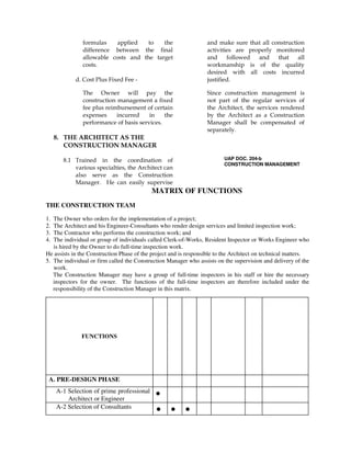 formulas applied to the
difference between the final
allowable costs and the target
costs.
d. Cost Plus Fixed Fee -
The Owner will pay the
construction management a fixed
fee plus reimbursement of certain
expenses incurred in the
performance of basis services.
8. THE ARCHITECT AS THE
CONSTRUCTION MANAGER
8.1 Trained in the coordination of
various specialties, the Architect can
also serve as the Construction
Manager. He can easily supervise
and make sure that all construction
activities are properly monitored
and followed and that all
workmanship is of the quality
desired with all costs incurred
justified.
Since construction management is
not part of the regular services of
the Architect, the services rendered
by the Architect as a Construction
Manager shall be compensated of
separately.
UAP DOC. 204-b
CONSTRUCTION MANAGEMENT
MATRIX OF FUNCTIONS
THE CONSTRUCTION TEAM
1. The Owner who orders for the implementation of a project;
2. The Architect and his Engineer-Consultants who render design services and limited inspection work;
3. The Contractor who performs the construction work; and
4. The individual or group of individuals called Clerk-of-Works, Resident Inspector or Works Engineer who
is hired by the Owner to do full-time inspection work.
He assists in the Construction Phase of the project and is responsible to the Architect on technical matters.
5. The individual or firm called the Construction Manager who assists on the supervision and delivery of the
work.
The Construction Manager may have a group of full-time inspectors in his staff or hire the necessary
inspectors for the owner. The functions of the full-time inspectors are therefore included under the
responsibility of the Construction Manager in this matrix.
FUNCTIONS
A. PRE-DESIGN PHASE
A-1 Selection of prime professional
Architect or Engineer
•
A-2 Selection of Consultants
• • •
 