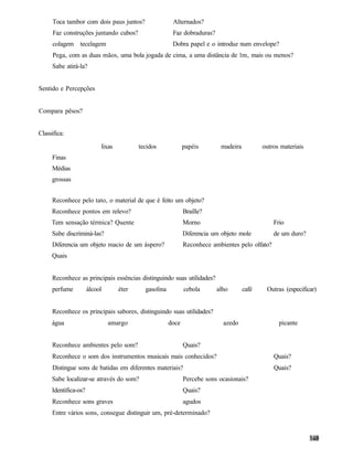 Toca tambor com dois paus juntos?                 Alternados?
      Faz construções juntando cubos?                   Faz dobraduras?
      colagem tecelagem                                 Dobra papel e o introduz num envelope?
      Pega, com as duas mãos, uma bola jogada de cima, a uma distância de lm, mais ou menos?
     Sabe atirá-la?


Sentido e Percepções


Compara pêsos?


Classifica:

                           lixas          tecidos             papéis        madeira          outros materiais
     Finas
     Médias
     grossas


     Reconhece pelo tato, o material de que é feito um objeto?
     Reconhece pontos em relevo?                              Braille?
     Tem sensação térmica? Quente                             Morno                              Frio
     Sabe discriminá-las?                                     Diferencia um objeto mole          de um duro?
     Diferencia um objeto macio de um áspero?                 Reconhece ambientes pelo olfato?
     Quais


     Reconhece as principais essências distinguindo suas utilidades?
     perfume          álcool       éter     gasolina          cebola      alho        café    Outras (especificar)


     Reconhece os principais sabores, distinguindo suas utilidades?
     água                      amargo                  doce                 azedo                  picante


     Reconhece ambientes pelo som?                            Quais?
     Reconhece o som dos instrumentos musicais mais conhecidos?                                  Quais?
     Distingue sons de batidas em diferentes materiais?                                          Quais?
     Sabe localizar-se através do som?                        Percebe sons ocasionais?
     Identifica-os?                                           Quais?
     Reconhece sons graves                                    agudos
     Entre vários sons, consegue distinguir um, pré-determinado?
 