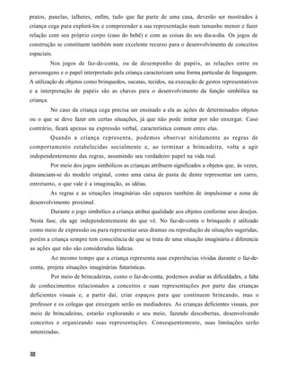 pratos, panelas, talheres, enfim, tudo que faz parte de uma casa, deverão ser mostrados à
criança cega para explorá-los e compreender a sua representação num tamanho menor e fazer
relação com seu próprio corpo (caso do bebê) e com as coisas do seu dia-a-dia. Os jogos de
construção se constituem também num excelente recurso para o desenvolvimento de conceitos
espaciais.
           Nos jogos de faz-de-conta, ou de desempenho de papéis, as relações entre os
personagens e o papel interpretado pela criança caracterizam uma forma particular de linguagem.
A utilização de objetos como brinquedos, sucatas, tecidos, na execução de gestos representativos
e a interpretação de papéis são as chaves para o desenvolvimento da função simbólica na
criança.
           No caso da criança cega precisa ser ensinado a ela as ações de determinados objetos
ou o que se deve fazer em certas situações, já que não pode imitar por não enxergar. Caso
contrário, ficará apenas na expressão verbal, característica comum entre elas.
           Quando a criança representa, podemos observar nitidamente as regras de
comportamento estabelecidas socialmente e, ao terminar a brincadeira, volta a agir
independentemente das regras, assumindo seu verdadeiro papel na vida real.
           Por meio dos jogos simbólicos as crianças atribuem significados a objetos que, às vezes,
distanciam-se do modelo original, como uma caixa de pasta de dente representar um carro,
entretanto, o que vale é a imaginação, as idéias.
           As regras e as situações imaginárias são capazes também de impulsionar a zona de
desenvolvimento proximal.
           Durante o jogo simbólico a criança atribui qualidade aos objetos conforme seus desejos.
Nesta fase, ela age independentemente do que vê. No faz-de-conta o brinquedo é utilizado
como meio de expressão ou para representar seus dramas ou reprodução de situações sugeridas,
porém a criança sempre tem consciência de que se trata de uma situação imaginária e diferencia
as ações que não são consideradas lúdicas.
           Ao mesmo tempo que a criança representa suas experiências vividas durante o faz-de-
conta, projeta situações imaginárias futurísticas.
           Por meio de brincadeiras, como o faz-de-conta, podemos avaliar as dificuldades, a falta
de conhecimentos relacionados a conceitos e suas representações por parte das crianças
deficientes visuais e, a partir daí, criar espaços para que continuem brincando, mas o
professor e os colegas que enxergam serão os mediadores. As crianças deficientes visuais, por
meio de brincadeiras, estarão explorando o seu meio, fazendo descobertas, desenvolvendo
conceitos e organizando suas representações. Consequentemente, suas limitações serão
amenizadas.
 