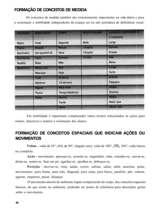 FORMAÇÃO DE CONCEITOS DE MEDIDA
        Os conceitos de medida também são extremamente importantes na vida diária e para
a orientação e mobilidade independente da criança ser ou não portadora de deficiência visual.




        Em mobilidade é importante compreender vários termos relacionados às ações para
ordens, descrever e manter a orientação dos alunos.


FORMAÇÃO DE CONCEITOS ESPACIAIS QUE INDICAM AÇÕES OU
MOVIMENTOS
         Voltas - volta de 45°; (Vi), de 90°; (ângulo reto), volta de 180°; (   ), 360°; volta inteira
ou completa.
         Ação - movimento, apressar-se, arrastar-se, engatinhar, rolar, estender-se, curvar-se,
deitar-se, sentar-se, ficar em pé, agachar-se, ajoelhar-se, debruçar-se.
         Posição - desviar-se, virar, andar, correr, saltitar, saltar, subir, marchar, pular,
movimentos: para frente, para trás, diagonal, para cima, para baixo, paralelo, pôr, colocar,
agarrar, empurrar, puxar, balançar.
         O movimento através do ambiente requer compreensão do corpo, dos conceitos espaciais
básicos, do que existe no ambiente, podendo ser ponto de referência para descrições gerais
sobre o movimento.
 
