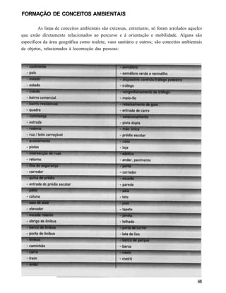 FORMAÇÃO DE CONCEITOS AMBIENTAIS

         As listas de conceitos ambientais são extensas, entretanto, só foram arrolados aqueles
que estão diretamente relacionados ao percurso e à orientação e mobilidade. Alguns são
específicos da área geográfica como toalete, vaso sanitário e outros; são conceitos ambientais
de objetos, relacionados à locomoção das pessoas:
 