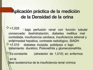 Aplicación práctica de la medición
de la Densidad de la orina
>1,025 baja perfusión renal con función tubular
conservada: deshidratación, diabetes mellitus mal
controlada, insuficiencia cardiaca, insuficiencia adrenal y
enfermedad hepática, contraste radiológico, SIADH
<1.010 diabetes insípida, polidipsia o bajo
tratamiento diurético. Piolonefritis y glomerulonefritis.
Es constante (alrededor de 1,010) en enfermos
en la
fase isostenúrica de la insuficiencia renal crónica
 