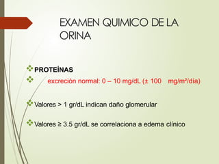 EXAMEN QUIMICO DE LA
ORINA
PROTEÍNAS
 excreción normal: 0 – 10 mg/dL (± 100 mg/m²/día)
Valores > 1 gr/dL indican daño glomerular
Valores ≥ 3.5 gr/dL se correlaciona a edema clínico
 