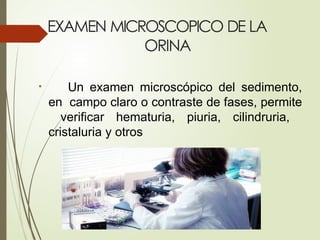 EXAMEN MICROSCOPICO DE LA
ORINA
• Un examen microscópico del sedimento,
en campo claro o contraste de fases, permite
verificar hematuria, piuria, cilindruria,
cristaluria y otros
 