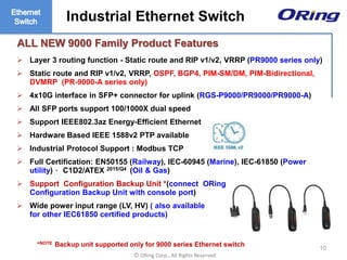 Ⓒ ORing Corp., All Rights Reserved
 Layer 3 routing function - Static route and RIP v1/v2, VRRP (PR9000 series only)
 Static route and RIP v1/v2, VRRP, OSPF, BGP4, PIM-SM/DM, PIM-Bidirectional,
DVMRP (PR-9000-A series only)
 4x10G interface in SFP+ connector for uplink (RGS-P9000/PR9000/PR9000-A)
 All SFP ports support 100/1000X dual speed
 Support IEEE802.3az Energy-Efficient Ethernet
 Hardware Based IEEE 1588v2 PTP available
 Industrial Protocol Support : Modbus TCP
 Full Certification: EN50155 (Railway), IEC-60945 (Marine), IEC-61850 (Power
utility)， C1D2/ATEX 2015/Q4 (Oil & Gas)
 Support Configuration Backup Unit *(connect ORing
Configuration Backup Unit with console port)
 Wide power input range (LV, HV) ( also available
for other IEC61850 certified products)
ALL NEW 9000 Family Product Features
Industrial Ethernet Switch
*NOTE Backup unit supported only for 9000 series Ethernet switch
10
 