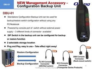 Ⓒ ORing Corp., All Rights Reserved
 Standalone Configuration Backup Unit can be used for
backup/restore switch configuration without using any
PC/Notebook
 Powered by console port of switch without external power
supply – 3 different kinds of connector available!
 DIP Switch in the backup unit can be configured for backup
or restore function
 2 selectable storage location
 Plug and Play, easy to use – Take effect right away!
Backup Configuration
Restore Configuration
RJ-45 Console
Connector
(DIN-Rail switch)
DB9 Console
Connector
(Rack-mount switch)
M12 Console
Connector
(Transporter Series Products)
NEW Management Accessory -
Configuration Backup Unit
DBU-01
11
 