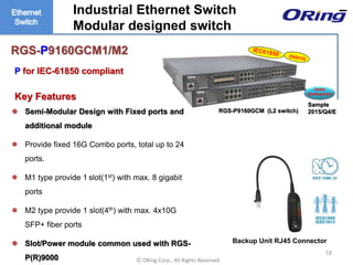 Ⓒ ORing Corp., All Rights Reserved
RGS-P9160GCM1/M2
P for IEC-61850 compliant
Key Features
 Semi-Modular Design with Fixed ports and
additional module
 Provide fixed 16G Combo ports, total up to 24
ports.
 M1 type provide 1 slot(1st) with max. 8 gigabit
ports
 M2 type provide 1 slot(4th) with max. 4x10G
SFP+ fiber ports
 Slot/Power module common used with RGS-
P(R)9000
18
RGS-P9160GCM (L2 switch)
Under
development
Backup Unit RJ45 Connector
Industrial Ethernet Switch –
Modular designed switch
Sample
2015/Q4/E
 