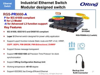 Ⓒ ORing Corp., All Rights Reserved
 IEC-61850, IEEE1613 and EN50155 compliant
 Layer 3 Ethernet switch designed for power utility application
 Support Layer3 function include Static route and RIP v1/v2, VRRP,
OSPF, BGP4, PIM-SM/DM, PIM-Bidirectional, DVMRP
 Support Goose message transparent
 Support HW IEEE1588 v2 Precision Time Protocol for clock
synchronization
 Support ORing Configuration Backup Unit
 Working temperature -40~85 degree
 Support IEEE802.3az Energy-Efficient Ethernet 21
Layer 3
RGS-PR9000-A
P for IEC-61850 compliant
R for L3 Model
-A for Advanced L3 function support
RGS-PR9000-A (L3 switch)
Backup Unit
RJ45 Connector
Key Features
Industrial Ethernet Switch –
Modular designed switch
Sample
2015/Q4/E
 