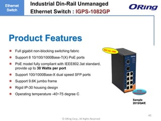 Ⓒ ORing Corp., All Rights Reserved
Product Features
45
 Full gigabit non-blocking switching fabric
 Support 8 10/100/1000Base-T(X) PoE ports
 PoE model fully compliant with IEEE802.3at standard,
provide up to 30 Watts per port
 Support 100/1000Base-X dual speed SFP ports
 Support 9.6K jumbo frame
 Rigid IP-30 housing design
 Operating temperature -40~75 degree C
Under
development
Industrial Din-Rail Unmanaged
Ethernet Switch : IGPS-1082GP
Sample
2015/Q4/E
 