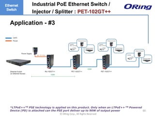 Ⓒ ORing Corp., All Rights Reserved
60
Industrial PoE Ethernet Switch /
Injector / Splitter : PET-102GT++
*LTPoE++TM PSE technology is applied on this product. Only when an LTPoE++ TM Powered
Device (PD) is attached can the PSE port deliver up to 90W of output power
Application - #3
 