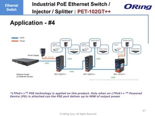 Ⓒ ORing Corp., All Rights Reserved
61
Industrial PoE Ethernet Switch /
Injector / Splitter : PET-102GT++
*LTPoE++TM PSE technology is applied on this product. Only when an LTPoE++ TM Powered
Device (PD) is attached can the PSE port deliver up to 90W of output power
Application - #4
 