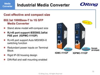 Ⓒ ORing Corp., All Rights Reserved
Industrial Media Converter
Cost effective and compact size
802.3at 1000Base-T to 1G SFP
Media Converter
 Stand alone model withcompact size
 RJ-45 port support IEEE802.3af/at
PSE port (IGPMC-111GP)
 RJ-45 port support Auto MDI/MDI-X
switching function
 Redundant power inputs on Terminal
Block
 Rigid IP-30 housing design
 DIN-Rail and wall mounting enabled
78
Industrial Media Converter
IGPMC-111GP
Under
development
Sample
2015/Q4/E
IGMC-111GP
Under
development
 