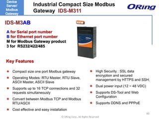 Ⓒ ORing Corp., All Rights Reserved
IDS-M3AB
 Compact size one port Modbus gateway
 Operating Modes: RTU Master, RTU Slave,
ASCII Master, ASCII Slave
 Supports up to 16 TCP connections and 32
requests simultaneously
 Convert between Modbus TCP and Modbus
RTU/ASCII
 Cost effective and easy installation
A for Serial port number
B for Ethernet port number
M for Modbus Gateway product
3 for RS232/422/485
Key Features
Industrial Compact Size Modbus
Gateway IDS-M311
 High Security : SSL data
encryption and secured
management by HTTPS and SSH;
 Dual power input (12 ~ 48 VDC)
 Supports DS-Tool and Web
Configuration
 Supports DDNS and PPPoE
80
 
