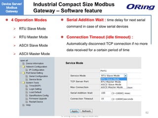 Ⓒ ORing Corp., All Rights Reserved
 4 Operation Modes
 RTU Slave Mode
 RTU Master Mode
 ASCII Slave Mode
 ASCII Master Mode
 Serial Addition Wait : time delay for next serial
command in case of slow serial devices
 Connection Timeout (idle timeout) :
Automatically disconnect TCP connection if no more
data received for a certain period of time
Industrial Compact Size Modbus
Gateway – Software feature
82
 
