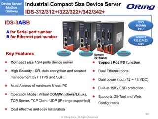 Ⓒ ORing Corp., All Rights Reserved
IDS-3ABB
 Compact size 1/2/4 ports device server
 High Security : SSL data encryption and secured
management by HTTPS and SSH;
 Multi-Access of maximum 5 host PC
 Operation Mode : Virtual COM(Windows/Linux),
TCP Server, TCP Client, UDP (IP range supported)
 Cost effective and easy installation
A for Serial port number
B for Ethernet port number
Key Features
Industrial Compact Size Device Server
IDS-312/312+/322/322+/342/342+
 Support PoE PD function
 Dual Ethernet ports
 Dual power input (12 ~ 48 VDC)
 Built-in 15KV ESD protection
 Supports DS-Tool and Web
Configuration
MIPs
360MHz
CPU
Support
RS232/422
/485
Under
development
85
Sample
2015/Q4/E
Under
development
Under
development
 