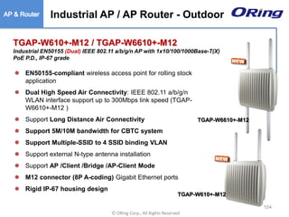 Ⓒ ORing Corp., All Rights Reserved
TGAP-W610+-M12 / TGAP-W6610+-M12
Industrial EN50155 (Dual) IEEE 802.11 a/b/g/n AP with 1x10/100/1000Base-T(X)
PoE P.D., IP-67 grade
 EN50155-compliant wireless access point for rolling stock
application
 Dual High Speed Air Connectivity: IEEE 802.11 a/b/g/n
WLAN interface support up to 300Mbps link speed (TGAP-
W6610+-M12 )
 Support Long Distance Air Connectivity
 Support 5M/10M bandwidth for CBTC system
 Support Multiple-SSID to 4 SSID binding VLAN
 Support external N-type antenna installation
 Support AP /Client /Bridge /AP-Client Mode
 M12 connector (8P A-coding) Gigabit Ethernet ports
 Rigid IP-67 housing design
TGAP-W610+-M12
TGAP-W6610+-M12
Industrial AP / AP Router - Outdoor
104
 