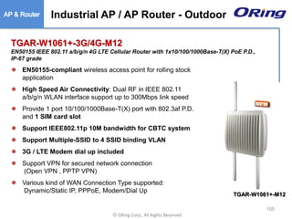 Ⓒ ORing Corp., All Rights Reserved
TGAR-W1061+-3G/4G-M12
EN50155 IEEE 802.11 a/b/g/n 4G LTE Cellular Router with 1x10/100/1000Base-T(X) PoE P.D.,
IP-67 grade
 EN50155-compliant wireless access point for rolling stock
application
 High Speed Air Connectivity: Dual RF in IEEE 802.11
a/b/g/n WLAN interface support up to 300Mbps link speed
 Provide 1 port 10/100/1000Base-T(X) port with 802.3af P.D.
and 1 SIM card slot
 Support IEEE802.11p 10M bandwidth for CBTC system
 Support Multiple-SSID to 4 SSID binding VLAN
 3G / LTE Modem dial up included
 Support VPN for secured network connection
(Open VPN , PPTP VPN)
 Various kind of WAN Connection Type supported:
Dynamic/Static IP, PPPoE, Modem/Dial Up
TGAR-W1061+-M12
105
Industrial AP / AP Router - Outdoor
 