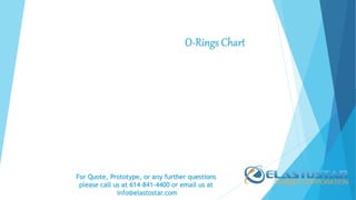 O-Rings Chart
For Quote, Prototype, or any further questions
please call us at 614-841-4400 or email us at
info@elastostar.com
 