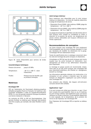 Joints toriques



                                                               Joint torique interieur
                                                                                ´
                                                               Deux materiaux sont disponibles pour le joint torique
                                                                          ´
                                                               interieur en elastomere, . Le choix du materiau determine
                                                                  ´         ´      `                     ´      ´
                                                               la plage de temperature de service.
                                                                                 ´
                                                                 ´
                                                               - Elastomere fluore (FKM), code materiau VZ00R, plage de
                                                                         `        ´               ´
                                                                 temperature : - 20 °C a + 200 °C
                                                                       ´               `
                                                                 ´
                                                               - Elastomere silicone (VMQ), code materiau SZ00R plage de
                                                                         `                          ´
                                                                 temperature : - 60 °C a + 200 °C
                                                                       ´               `
                                                               Les plages de temperature specifiees sont des limites dont il
                                                                                   ´        ´   ´
                                                               faut toujours tenir compte en considerant le milieu a
                                                                                                        ´                  `
                                                               etancher et la pression de service. Les temperatures de
                                                                ´                                                ´
                                                               service continu admissibles sont toujours inferieures aux
                                                                                                               ´
                                                               limites superieures.
                                                                          ´



                                                               Recommandations de conception
                                                               Les joints toriques avec enveloppe FEP sont totalement
                                                               interchangeables avec les joints toriques standard. Il n’est
                                                               pas necessaire de modifier les dimensions de la gorge.
                                                                     ´
                                                               L’enveloppe FEP est relativement mince.
                                                               Toutes les specifications de ce catalogue concernent donc
                                                                            ´
                                                               les cotes de montage des joints toriques en elastomere.
                                                                                                            ´      `

Figure 30    Joints d’etancheite pour sections de brides
                       ´    ´ ´                                L’enveloppe en FEP fait que les joints toriques sont moins
             speciales
                ´                                              souples que les joints toriques en elastomere. Leur
                                                                                                        ´       `
                                                               allongement est limite et leur deformation remanente
                                                                                     ´            ´             ´
Caracteristiques techniques
      ´                                                        plus importante.

Pression de service :    jusqu’a 25 MPa
                               `                               Le montage en gorge ouverte est recommande, notam-
                                                                                                               ´
                                                               ment dans le cas des joints toriques avec enveloppe FEP
Temperature :
    ´                    - 60 °C a + 200 °C - selon
                                 `                             pour etancheite exterieure, afin d’eviter un allongement
                                                                     ´      ´ ´   ´               ´
                         l’elastomere
                           ´       `                           excessif au montage.
                                                               Les informations generales relatives a la construction, a la
                                                                                 ´ ´                `                  `
Fluides :                Presque tous les liquides, gaz        conception et aux surfaces a etancher pour les joints
                                                                                             ` ´
                         et produits chimiques                 toriques en elastomere s’appliquent aux joints toriques
                                                                            ´      `
                                                               avec enveloppe FEP.
                                                               Aux pressions plus elevees, des bagues anti-extrusion
                                                                                    ´    ´
Materiaux
   ´                                                           concaves doivent etre utilisees.
                                                                                ˆ          ´

Enveloppe FEP
                                                               Applications “gaz“
FEP est l’abreviation de fluorinated ethylene-propylene
                ´
(ethylene-propylene fluore en francais). Ce materiau a des
 ´    `            `         ´       ¸            ´            Si le joint torique est utilise pour etancher un gaz, il faut
                                                                                             ´       ´
proprietes semblables a celles du polytetrafluorethylene
       ´ ´                 `                ´       ´    `     tenir compte de sa permeabilite. Dans ce cas, le materiau
                                                                                           ´       ´                   ´
(PTFE). Il a une tres grande resistance chimique et presente
                    `          ´                      ´        du joint torique interieur doit egalement avoir une bonne
                                                                                    ´            ´
une bonne resistance a l’abrasion.
              ´          `                                     resistance au fluide a etancher. La permeabilite depend de
                                                                ´                     ` ´                ´     ´ ´
                                                               la zone exposee, de la temperature, de la pression de
                                                                                ´                ´
Au contraire du PTFE, le FEP est thermoplastique. Cela         service et de l’epaisseur de l’enveloppe FEP.
                                                                                ´
permet d’utiliser ce materiau pour fabriquer des produits
                          ´
semi-finis souples, par exemple, des tubes flexibles a paroi
                                                     `         Pour l’epaisseur de l’enveloppe FEP, se reporter au tableau
                                                                      ´
mince.                                                         XXIV.




Derniere information disponible sur www.tss.trelleborg.com
      `
´
Edition Avril 2008
                                                                                                                       133
 
