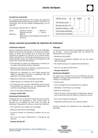 Joints toriques



Exemple de commande
                                                                     TSS Réf. article     OI    30     04000   -    N7
(Si le produit doit egalement etre exempt de substances
                     ´            ˆ
susceptibles d’alterer les peintures, preciser “Labs-free“ a la
                  ´                     ´                  `
                                                                     TSS Groupe article
commande. Pour de plus amples renseignements, voir la
page 48)                                                             Diamètre de tore x 10
Joint torique, metrique 40 x 3 - NBR 70
                ´                                                    Diamètre intérieur x 100
Cotes :
 ˆ              Diametre interieur
                      `     ´               = 40,0 mm                Code qualité (standard)
                Diametre de tore
                      `                     = 3,0 mm
Materiau :
   ´            NBR 70                                               Code matière (standard)
                 ´
                (Elastomere nitrile-butadiene de durete 70
                         `                `           ´
                Shore A)


Autres variantes de procedes de reduction de frottement
                        ´ ´      ´

Traitement molycote                                               Talquage
Dans le traitement molycote, du disulfure de molybdene `          Le talc sous forme de poudre est applique aux joints dans
                                                                                                          ´
(MoS2) haute purete est applique a la surface de l’elasto-
                     ´           ´ `               ´              un tonneau . Aucun accrochage avec les surfaces de
meres. Le MoS2 est incorpore sous la forme d’un film
   `                           ´                                  l’elastomeres ne se produit.
                                                                    ´       `
lubrifiant sec applique au tonneau sur la surface d’etan-
                       ´                             ´
                                                                  - Revetement de poudre
                                                                       ˆ
cheite. Cela donne un accrochage mecanique qui, sur une
    ´ ´                              ´
longue periode, amene une reduction du frottement et de
          ´          `       ´                                    - Empeche les composants d’adherer les uns aux autres
                                                                         ˆ                      ´
l’usure sous contraintes dynamiques.                                apres emballage
                                                                       `
- Film lubrifiant sec obtenu par application au tonneau sur       - Ne convient pas pour les applications dynamiques
  la surface d’etancheite (couleur argentee)
               ´       ´ ´                 ´
- Reduction des efforts de frottement conjointement avec
   ´                                                              - Pour tous les types d’elastomeres
                                                                                          ´      `
  des contraintes dynamiques faibles                              - Groupe articles OT
- Reduction du frottement sur une longue periode par
    ´                                        ´                    Revetement MaxWax®
                                                                     ˆ
  depot de substances favorisant le glissement dans des
    ´ ˆ
  asperites de la surface opposee
      ´ ´                      ´                                  Les pieces sont revetues d’une cire synthetique de poly-
                                                                          `          ˆ                        ´
                                                                  ethylene a sechage rapide par diffusion. La composition du
                                                                  ´     `   ` ´
- Separation amelioree en assemblage automatique
   ´           ´    ´                                             materiau ne change pas.
                                                                      ´
- Faible resistance a l’abrasion de la couche MoS2
          ´         `                                             - Surface seche
                                                                             `
- Le frottement de la couche superficielle peut entraıner
                                                     ˆ            - Aucun changement de composition du materiau
                                                                                                          ´
  l’accumulation de salissures sur les peripheriques des
                                         ´    ´
  machines d’assemblage automatique                               - Remplace la lubrification au montage

- Pour tous les types d’elastomeres
                        ´      `                                  - Reduit les frottements
                                                                     ´
- Groupe articles OM                                              - Donne de bons resultats dans les applications dynami-
                                                                                      ´
                                                                    ques caracterisees par des faibles ou moyennes courses
                                                                               ´ ´
Revetement Elastolub 013
   ˆ
L’Elastolub 013 est un lubrifiant a base de silicone liquide.
                                  `                               - Pour tous les types de materiaux
                                                                                              ´
La substance est appliquee au joint torique dans un
                            ´
tonneau et se combine tres bien avec la surface de
                              `                                   - Disponible seulement pour les materiaux Skega
                                                                                                     ´
elatomere. L’Elastolub 013 forme un mince film lubrifiant.
´       `
- Film lubrifiant mince obtenu par tonnelage                      D’autres variantes de revetements sont disponibles sur
                                                                                           ˆ
                                                                  demande.
- Reduction des efforts d’assemblage
   ´
- Les joints toriques ont tendance a adherer les uns aux
                                   `    ´
  autres
- Pour tous les types d’elastomeres a l’exception des
                        ´      `    `
  silicones
- Groupe articles OE




Derniere information disponible sur www.tss.trelleborg.com
      `
´
Edition Avril 2008
                                                                                                                         151
 
