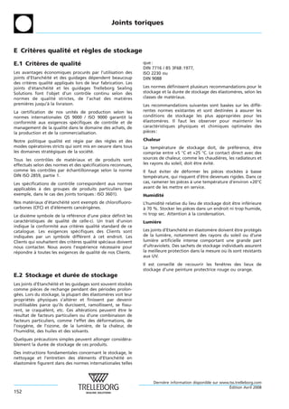 Joints toriques



E Criteres qualite et regles de stockage
      `          ´     `

E.1 Criteres de qualite
        `             ´                                          que :
                                                                 DIN 7716 / BS 3F68 :1977,
Les avantages economiques procures par l’utilisation des
                ´                     ´                          ISO 2230 ou
joints d’Etancheite et des guidages dependent beaucoup
               ´ ´                      ´                        DIN 9088
des criteres qualite appliques lors de leur fabrication. Les
         `           ´       ´
joints d’etancheite et les guidages Trelleborg Sealing
           ´      ´ ´                                            Les normes definissent plusieurs recommandations pour le
                                                                               ´
Solutions font l’objet d’un controle continu selon des
                                    ˆ                            stockage et la duree de stockage des elastomeres, selon les
                                                                                   ´                  ´      `
normes de qualite strictes, de l’achat des matieres
                       ´                                `        classes de materiaux.
                                                                                 ´
premieres jusqu’a la livraison.
       `           `                                             Les recommandations suivantes sont basees sur les diffe-
                                                                                                         ´             ´
La certification de nos unites de production selon les
                            ´                                    rentes normes existantes et sont destinees a assurer les
                                                                                                        ´     `
normes internationales QS 9000 / ISO 9000 garantit la            conditions de stockage les plus appropriees pour les
                                                                                                            ´
conformite aux exigences specifiques de controle et de
           ´                ´                ˆ                   elastomeres. Il faut les observer pour maintenir les
                                                                 ´        `
management de la qualite dans le domaine des achats, de
                         ´                                       caracteristiques physiques et chimiques optimales des
                                                                        ´
la production et de la commercialisation.                        pieces :
                                                                   `

Notre politique qualite est regie par des regles et des
                       ´       ´              `                  Chaleur
modes operatoires stricts qui sont mis en oeuvre dans tous
         ´                                                       La temperature de stockage doit, de preference, etre
                                                                          ´                                  ´ ´        ˆ
les domaines strategiques de la societe.
                  ´                 ´ ´                          comprise entre +5 °C et +25 °C. Le contact direct avec des
Tous les controles de materiaux et de produits sont
                ˆ            ´                                   sources de chaleur, comme les chaudieres, les radiateurs et
                                                                                                        `
effectues selon des normes et des specifications reconnues,
       ´                            ´                            les rayons du soleil, doit etre evite.
                                                                                            ˆ    ´ ´
comme les controles par echantillonnage selon la norme
                  ˆ       ´                                      Il faut eviter de deformer les pieces stockees a basse
                                                                         ´            ´               `        ´    `
DIN ISO 2859, partie 1.                                          temperature, qui risquent d’etre devenues rigides. Dans ce
                                                                       ´                      ˆ
Les specifications de controle correspondent aux normes
       ´                   ˆ                                     cas, ramener les pieces a une temperature d’environ +20°C
                                                                                    `    `          ´
applicables a des groupes de produits particuliers (par
             `                                                   avant de les mettre en service.
exemple, dans le cas des joints toriques : ISO 3601).            Humidite
                                                                        ´
Nos materiaux d’etancheite sont exempts de chlorofluoro-
        ´        ´      ´ ´                                      L’humidite relative du lieu de stockage doit etre inferieure
                                                                           ´                                  ˆ       ´
carbones (CFC) et d’elements cancerigenes.
                    ´ ´          ´   `                           a 70 %. Stocker les pieces dans un endroit ni trop humide,
                                                                 `                     `
Le dixieme symbole de la reference d’une piece definit les
         `                   ´ ´                 `  ´            ni trop sec. Attention a la condensation.
                                                                                         `
caracteristiques de qualite de celle-ci. Un trait d’union
       ´                   ´                                     Lumiere
                                                                     `
indique la conformite aux criteres qualite standard de ce
                     ´             `         ´
catalogue. Les exigences specifiques des Clients sont
                                   ´                             Les joints d’Etancheite en elastomere doivent etre proteges
                                                                                     ´ ´    ´       `           ˆ         ´ ´
indiquees par un symbole different a cet endroit. Les
        ´                            ´   `                       de la lumiere, notamment des rayons du soleil ou d’une
                                                                             `
Clients qui souhaitent des criteres qualite speciaux doivent
                                 `         ´   ´                 lumiere artificielle intense comportant une grande part
                                                                      `
nous contacter. Nous avons l’experience necessaire pour
                                       ´       ´                 d’ultraviolets. Des sachets de stockage individuels assurent
repondre a toutes les exigences de qualite de nos Clients.
 ´         `                                 ´                   la meilleure protection dans la mesure ou ils sont resistants
                                                                                                           `         ´
                                                                 aux UV.
                                                                 Il est conseille de recouvrir les fenetres des lieux de
                                                                                ´                      ˆ
                                                                 stockage d’une peinture protectrice rouge ou orange.
E.2 Stockage et duree de stockage
                   ´
Les joints d’Etancheite et les guidages sont souvent stockes
                    ´ ´                                     ´
comme pieces de rechange pendant des periodes prolon-
               `                              ´
gees. Lors du stockage, la plupart des elastomeres voit leur
   ´                                    ´       `
proprietes physiques s’alterer et finissent par devenir
         ´ ´                 ´
inutilisables parce qu’ils durcissent, ramollissent, se fissu-
rent, se craquelent, etc. Ces alterations peuvent etre le
                 `                 ´                   ˆ
resultat de facteurs particuliers ou d’une combinaison de
  ´
facteurs particuliers, comme l’effet des deformations, de
                                            ´
l’oxygene, de l’ozone, de la lumiere, de la chaleur, de
        `                             `
l’humidite, des huiles et des solvants.
             ´
Quelques precautions simples peuvent allonger considera-
            ´                                       ´
blement la duree de stockage de ces produits.
              ´
Des instructions fondamentales concernant le stockage, le
nettoyage et l’entretien des elements d’Etancheite en
                               ´ ´               ´ ´
elastomere figurent dans des normes internationales telles
´       `



                                                                      Derniere information disponible sur www.tss.trelleborg.com
                                                                           `
                                                                                                              ´
                                                                                                              Edition Avril 2008
152
 