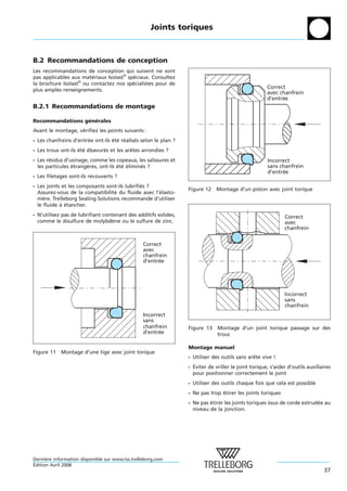 Joints toriques



B.2 Recommandations de conception
Les recommandations de conception qui suivent ne sont
pas applicables aux materiaux Isolast® speciaux. Consultez
                        ´                 ´
la brochure Isolast® ou contactez nos specialistes pour de
                                         ´
                                                                                                     Correct
plus amples renseignements.
                                                                                                     avec chanfrein
                                                                                                     d’entrée
B.2.1 Recommandations de montage

Recommandations generales
                 ´ ´
Avant le montage, verifiez les points suivants :
                   ´
- Les chanfreins d’entree ont-ils ete realises selon le plan ?
                       ´          ´ ´ ´     ´
- Les trous ont-ils ete ebavures et les aretes arrondies ?
                    ´ ´ ´     ´           ˆ
- Les residus d’usinage, comme les copeaux, les salissures et
       ´                                                                                             Incorrect
  les particules etrangeres, ont-ils ete elimines ?
                 ´     `             ´ ´ ´     ´                                                     sans chanfrein
                                                                                                     d’entrée
- Les filetages sont-ils recouverts ?
- Les joints et les composants sont-ils lubrifies ?
                                               ´
                                                                 Figure 12    Montage d’un piston avec joint torique
  Assurez-vous de la compatibilite du fluide avec l’elasto-
                                  ´                 ´
  mere. Trelleborg Sealing Solutions recommande d’utiliser
     `
  le fluide a etancher.
            ` ´
- N’utilisez pas de lubrifiant contenant des additifs solides,                                               Correct
  comme le disulfure de molybdene ou le sulfure de zinc.
                                   `                                                                         avec
                                                                                                             chanfrein

                                                 Correct
                                                 avec
                                                 chanfrein
                                                 d’entrée




                                                                                                             Incorrect
                                                                                                             sans
                                                                                                             chanfrein
                                                 Incorrect
                                                 sans
                                                 chanfrein       Figure 13    Montage d’un joint torique passage sur des
                                                 d’entrée                     trous

                                                                 Montage manuel
Figure 11   Montage d’une tige avec joint torique
                                                                 - Utiliser des outils sans arete vive !
                                                                                              ˆ
                                                                   ´
                                                                 - Eviter de vriller le joint torique, s’aider d’outils auxillaires
                                                                   pour positionner correctement le joint
                                                                 - Utiliser des outils chaque fois que cela est possible
                                                                 - Ne pas trop etirer les joints toriques
                                                                               ´
                                                                 - Ne pas etirer les joints toriques issus de corde extrudee au
                                                                          ´                                               ´
                                                                   niveau de la jonction.




Derniere information disponible sur www.tss.trelleborg.com
      `
´
Edition Avril 2008
                                                                                                                                37
 