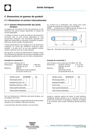 Joints toriques



C Dimensions et gamme de produit
C.1 Dimensions et normes internationales

C.1.1 Gamme dimensionnelle des joints                           Au moment de la publication, des moules pour joints
      toriques                                                  toriques de dimensions conformes a la AS 568 B.
                                                                                                   `
                                                                (ORAR . . .) existent pour le NBR de durete 70 Shore A et
                                                                                                          ´
Le tableau qui suit donne la liste des dimensions et des
                                                                pour le FKM standard de durete 70 Shore A.
                                                                                                ´
references des joints toriques disponibles et indique les
 ´ ´
normes applicables.
Le tableau constitue un guide de selection des dimensions
                                   ´
courantes avec ou sans normes applicables et n’est




                                                                                                                   d2
aucunement exhaustif. Des dimensions speciales sont
                                              ´
egalement disponibles sur demande. Contactez nos specia-
 ´                                                   ´
listes pour de plus amples renseignements.
                                                                                          d1
Il existe generalement des outillages pour les dimensions
           ´ ´
indiquees. Le retrait des differents materiaux etant
        ´                        ´            ´     ´
variable, il se peut qu’il ne soit pas possible d’utiliser
certains materiaux avec les moules existants.
             ´                                                  Figure 26   Dimensions des joints toriques

Pour garantir un niveau de qualite eleve et constant, il peut
                                 ´ ´   ´
etre necessaire de fabriquer de nouveaux outillages ou des
ˆ      ´
outillages supplementaires avec les couts correspondants.
                 ´                     ˆ


Exemple de commande 1                                           Exemple de commande 2
Joint torique, metrique 40 x 3
                ´                                               Joint torique, norme americaine AS 568 B, ref. 149
                                                                                         ´                 ´
Dimensions :      diametre interieur
                        `      ´            = 40,0 mm           Dimensions :     diametre interieur
                                                                                       `     ´          = 71,12 mm
                  diametre de tore
                        `                   = 3,0 mm                             diametre de tore
                                                                                       `                = 2,62 mm
Materiau :
    ´             NBR 70                                        Materiau :
                                                                    ´            FKM 80
                   ´
                  (Elastomere nitrile-butadiene
                          `                 `                                     ´
                                                                                 (Elastomere fluore
                                                                                           `      ´
                  de durete 70 Shore A)
                          ´                                                      de durete 80 Shore A)
                                                                                           ´


        TSS Réf. article    OR3004000       -   N7                     TSS Réf. article        ORAR00149     -   V8
       TSS Groupe article                                              TSS Groupe article
       Diamètre de tore x 10                                           Standard AS 568 B
       Diamètre intérieur x 100                                        No du Joint
       Code qualité (standard)                                         Code qualité (standard)
       Code matière (standard)                                         Code matière (standard)


Pour les dimensions et references des joints toriques, voir
                        ´ ´                                     Lorsqu’un materiau special est requis, le code materiau
                                                                                ´      ´                              ´
les tableaux XVI a XIX.
                 `                                              Trelleborg Sealing Solutions de 5 caracteres doit etre
                                                                                                           `            ˆ
                                                                precise a la commande. A cet egard, se reporter au tableau
                                                                   ´ ´ `                     ´
Pour les codes materiaux (types d’elastomere) des produits
                    ´               ´      `
                                                                X ou contacter votre societe Trelleborg Sealing Solutions
                                                                                         ´ ´
standard, voir le tableau I (derniere colonne).
                                  `
                                                                locale.
La durete Shore doit etre precisee a la commande.
        ´            ˆ      ´ ´ `




                                                                     Derniere information disponible sur www.tss.trelleborg.com
                                                                          `
                                                                                                             ´
                                                                                                             Edition Avril 2008
48
 