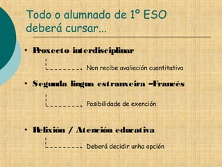 Todo o alumnado de 1º ESO
deberá cursar...
Posibilidade de exención
• Segunda lingua estranxeira –Francés
Deberá decidir unha opción
• Relixión / Atención educativa
Non recibe avaliación cuantitativa
• Proxecto interdisciplinar
 