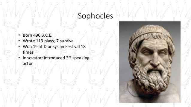 Sophocles 
â€¢ Born 496 B.C.E. 
â€¢ Wrote 113 plays; 7 survive 
â€¢ Won 1st at Dionsysian Festival 18 
times 
â€¢ Innovator: intro...
