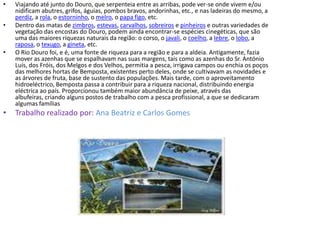 Viajando até junto do Douro, que serpenteia entre as arribas, pode ver-se onde vivem e/ou nidificam abutres, grifos, águias, pombos bravos, andorinhas, etc., e nas ladeiras do mesmo, a perdiz, a rola, o estorninho, o melro, o papa figo, etc.Dentro das matas de zimbros, estevas, carvalhos, sobreiros e pinheiros e outras variedades de vegetação das encostas do Douro, podem ainda encontrar-se espécies cinegéticas, que são uma das maiores riquezas naturais da região: o corso, o javali, o coelho, a lebre, o lobo, a raposa, o texugo, a gineta, etc.O Rio Douro foi, e é, uma fonte de riqueza para a região e para a aldeia. Antigamente, fazia mover as azenhas que se espalhavam nas suas margens, tais como as azenhas do Sr. António Luís, dos Fróis, dos Melgos e dos Velhos, permitia a pesca, irrigava campos ou enchia os poços das melhores hortas de Bemposta, existentes perto deles, onde se cultivavam as novidades e as árvores de fruta, base de sustento das populações. Mais tarde, com o aproveitamento hidroeléctrico, Bemposta passa a contribuir para a riqueza nacional, distribuindo energia eléctrica ao país. Proporcionou também maior abundância de peixe, através das albufeiras, criando alguns postos de trabalho com a pesca profissional, a que se dedicaram algumas famíliasTrabalho realizado por: Ana Beatriz e Carlos Gomes 