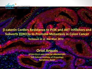 b-catenin Confers Resistance to PI3K and AKT Inhibitors and
 Subverts FOXO3a to Promote Metastasis in Colon Cancer
                Tenbaum et al. Nat Med. 2012



                        Oriol Arqués
                 STEM CELLS and CANCER LABORATORY
                   Vall Hebron Institute of Onocology
                            Barcelona, Spain
 