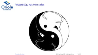 PostgreSQL has two sides
Alexander Korotkov Solving PostgreSQL wicked problems 2 / 40
 