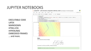 JUPYTER	
  NOTEBOOKS
EXECUTABLE	
  CODE
LATEX
MARKDOWN
HTML+CSS
HYPERLINKS
EMBEDDED	
  FRAMES
…	
  and	
  more.
 