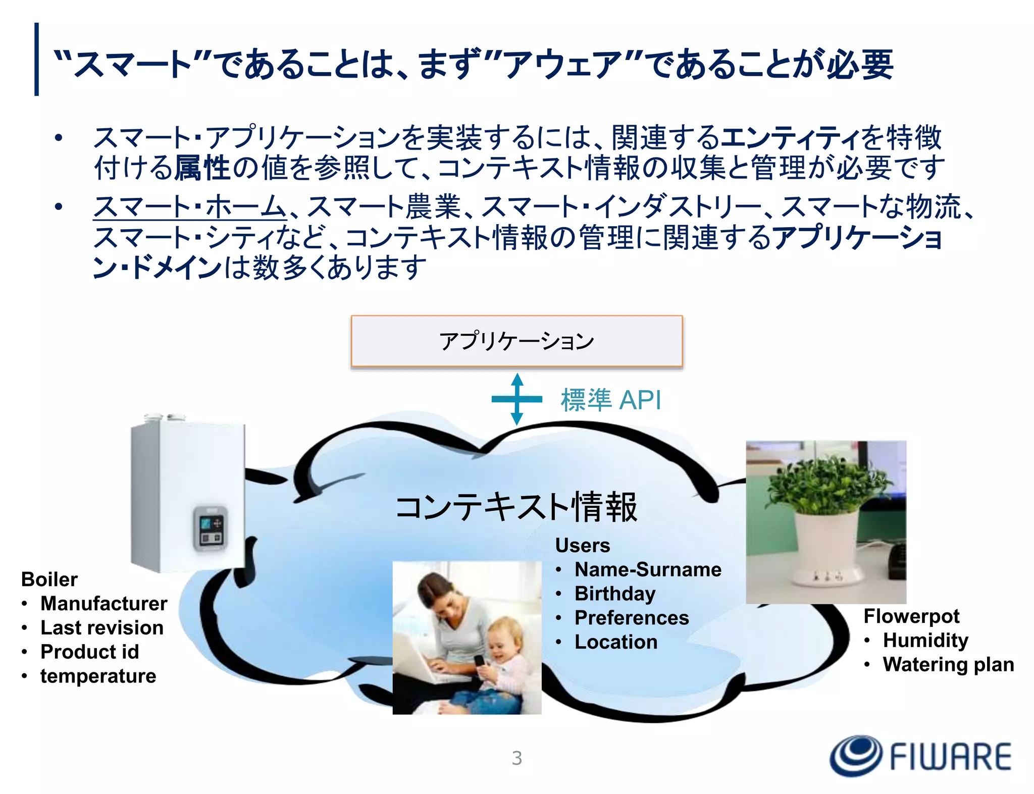 “スマート”であることは、まず”アウェア”であることが必要
Boiler
• Manufacturer
• Last revision
• Product id
• temperature
Users
• Name-Surname
• Birthday
• Preferences
• Location
Flowerpot
• Humidity
• Watering plan
コンテキスト情報
アプリケーション
3
• スマート・アプリケーションを実装するには、関連するエンティティを特徴
付ける属性の値を参照して、コンテキスト情報の収集と管理が必要です
• スマート・ホーム、スマート農業、スマート・インダストリー、スマートな物流、
スマート・シティなど、コンテキスト情報の管理に関連するアプリケーショ
ン・ドメインは数多くあります
標準 API
 