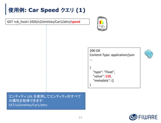 使用例: Car Speed クエリ (1)
200 OK
Content-Type: application/json
...
{
"type": "Float",
"value": 110,
"metadata": {}
}
21
エンティ...