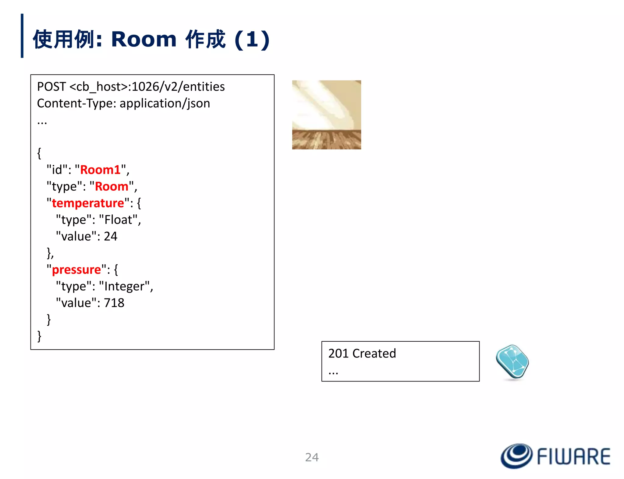 201 Created
...
使用例: Room 作成 (1)
POST <cb_host>:1026/v2/entities
Content-Type: application/json
...
{
"id": "Room1",
"type": "Room",
"temperature": {
"type": "Float",
"value": 24
},
"pressure": {
"type": "Integer",
"value": 718
}
}
24
 