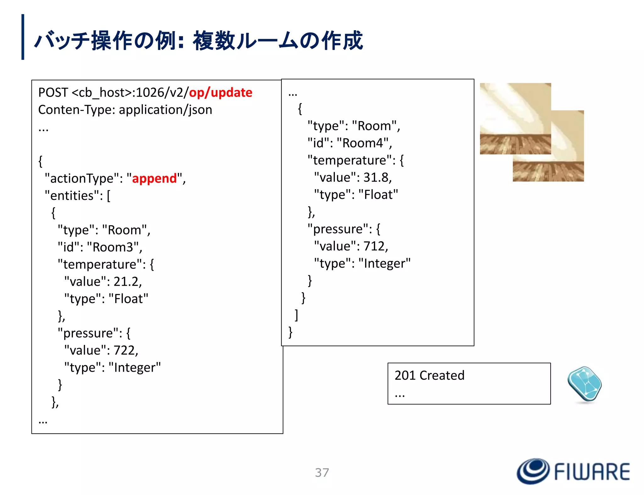 201 Created
...
バッチ操作の例: 複数ルームの作成
POST <cb_host>:1026/v2/op/update
Conten-Type: application/json
...
{
"actionType": "append",
"entities": [
{
"type": "Room",
"id": "Room3",
"temperature": {
"value": 21.2,
"type": "Float"
},
"pressure": {
"value": 722,
"type": "Integer"
}
},
…
37
…
{
"type": "Room",
"id": "Room4",
"temperature": {
"value": 31.8,
"type": "Float"
},
"pressure": {
"value": 712,
"type": "Integer"
}
}
]
}
 