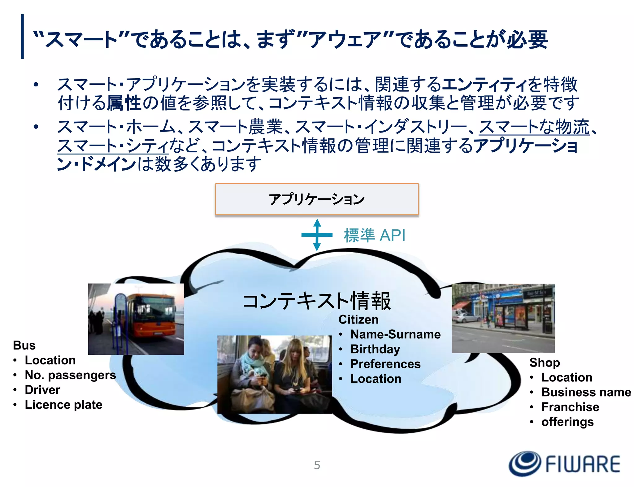“スマート”であることは、まず”アウェア”であることが必要
• スマート・アプリケーションを実装するには、関連するエンティティを特徴
付ける属性の値を参照して、コンテキスト情報の収集と管理が必要です
• スマート・ホーム、スマート農業、スマート・インダストリー、スマートな物流、
スマート・シティなど、コンテキスト情報の管理に関連するアプリケーショ
ン・ドメインは数多くあります
Bus
• Location
• No. passengers
• Driver
• Licence plate
Citizen
• Name-Surname
• Birthday
• Preferences
• Location
Shop
• Location
• Business name
• Franchise
• offerings
コンテキスト情報
アプリケーション
5
標準 API
 