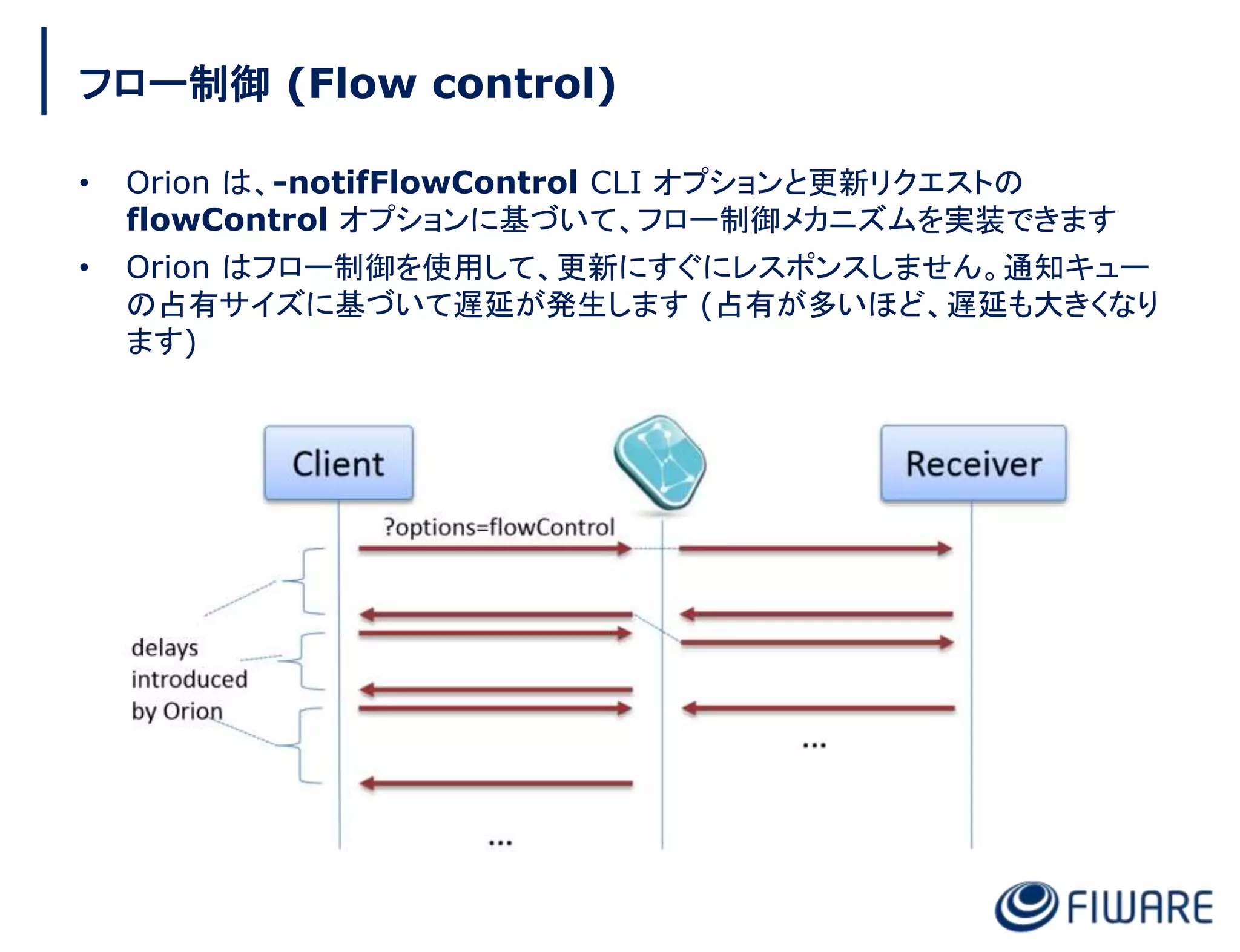 フロー制御 (Flow control)
• Orion は、-notifFlowControl CLI オプションと更新リクエストの
flowControl オプションに基づいて、フロー制御メカニズムを実装できます
• Orion はフロー制御を使用して、更新にすぐにレスポンスしません。通知キュー
の占有サイズに基づいて遅延が発生します (占有が多いほど、遅延も大きくなり
ます)
 