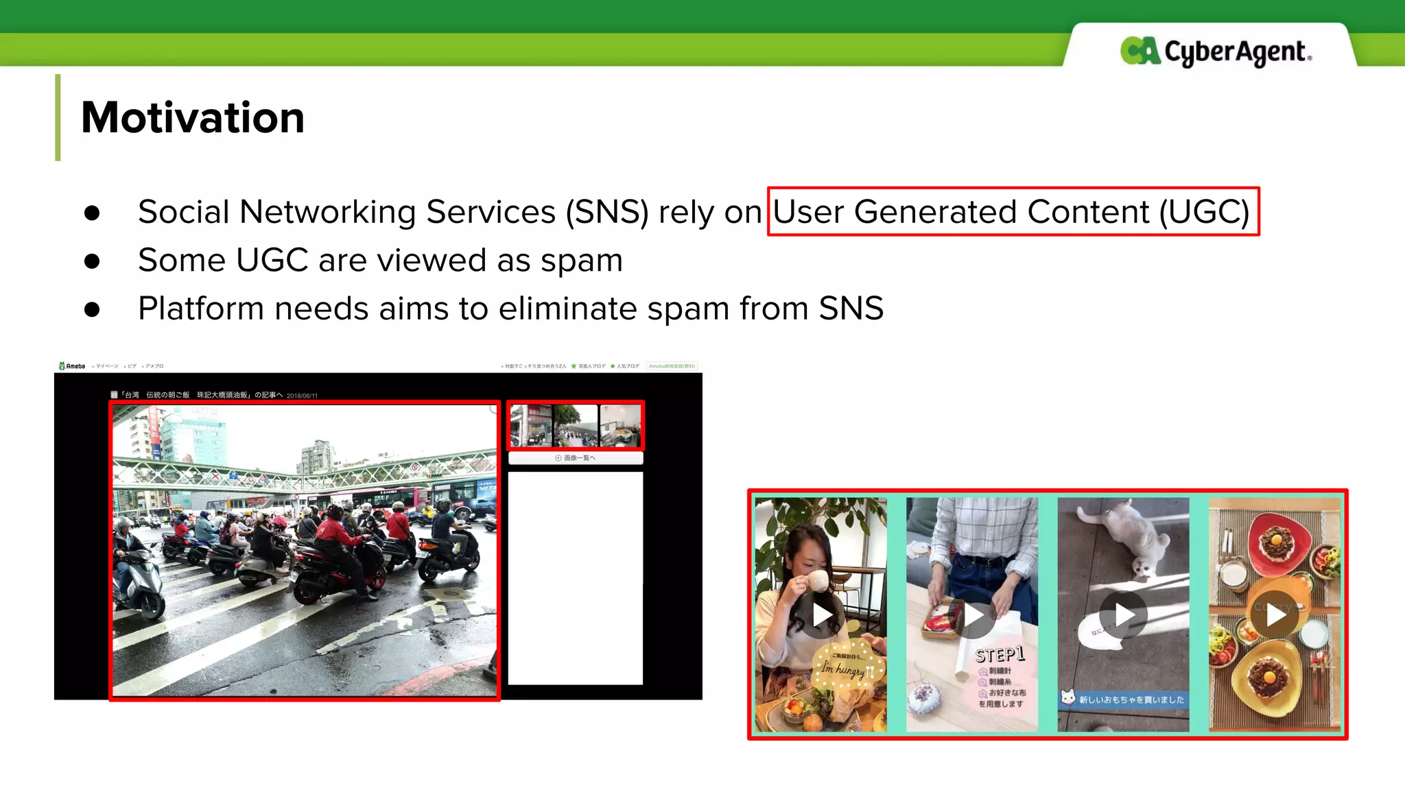 Motivation
● Social Networking Services (SNS) rely on User Generated Content (UGC)
● Some UGC are viewed as spam
● Platform needs aims to eliminate spam from SNS
 