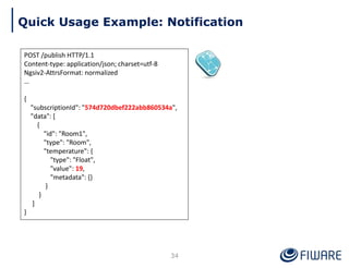 POST /publish HTTP/1.1
Content-type: application/json; charset=utf-8
Ngsiv2-AttrsFormat: normalized
…
{
"subscriptionId": "574d720dbef222abb860534a",
"data": [
{
"id": "Room1",
"type": "Room",
"temperature": {
"type": "Float",
"value": 19,
"metadata": {}
}
}
]
}
Quick Usage Example: Notification
34
 