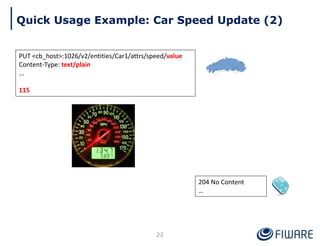 Quick Usage Example: Car Speed Update (2)
PUT <cb_host>:1026/v2/entities/Car1/attrs/speed/value
Content-Type: text/plain
...
115
204 No Content
…
22
 