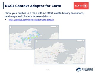 NGSI Context Adaptor for Carto
42
Show your entities in a map with no effort, create history animations,
heat maps and clusters representations
• https://github.com/telefonicaid/fiware-dataviz
 