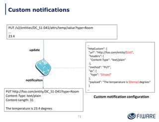 71
…
"httpCustom": {
"url": "http://foo.com/entity/${id}",
"headers": {
"Content-Type": "text/plain"
},
"method": "PUT",
"qs": {
"type": "${type}"
},
"payload": "The temperature is ${temp} degrees"
}
…
PUT http://foo.com/entity/DC_S1-D41?type=Room
Content-Type: text/plain
Content-Length: 31
The temperature is 23.4 degrees
PUT /v2/entities/DC_S1-D41/attrs/temp/value?type=Room
…
23.4
Custom notification configuration
update
notificaiton
Custom notifications
 
