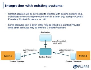 Integration with existing systems
• Context adapters will be developed to interface with existing systems (e.g.,
municipal services management systems in a smart city) acting as Context
Providers, Context Producers, or both
• Some attributes from a given entity may be linked to a Context Provider
while other attributes may be linked to Context Producers
queryContext (e1,
attr1, attr2)
Context Provider
queryContext (e1,
attr1)
Context Consumer
updateContext (e1,
attr2)
Application
Context Broker
System B
System A
91
 