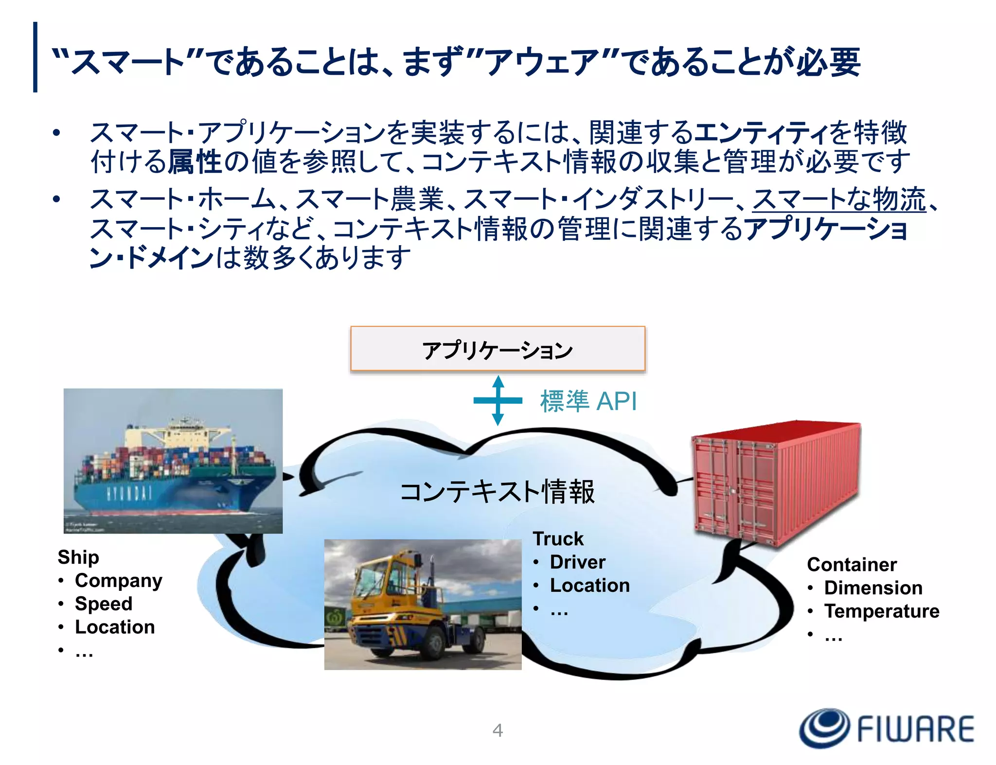 “スマート”であることは、まず”アウェア”であることが必要
4
• スマート・アプリケーションを実装するには、関連するエンティティを特徴
付ける属性の値を参照して、コンテキスト情報の収集と管理が必要です
• スマート・ホーム、スマート農業、スマート・インダストリー、スマートな物流、
スマート・シティなど、コンテキスト情報の管理に関連するアプリケーショ
ン・ドメインは数多くあります
Ship
• Company
• Speed
• Location
• …
Truck
• Driver
• Location
• …
Container
• Dimension
• Temperature
• …
コンテキスト情報
アプリケーション
標準 API
 